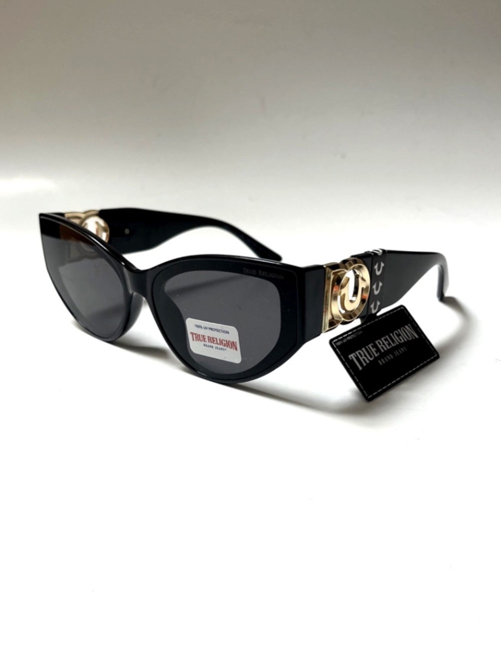 New TRUE RELIGION Cat Eye Black Sunglasses Gold Logo Acetate XXZZ